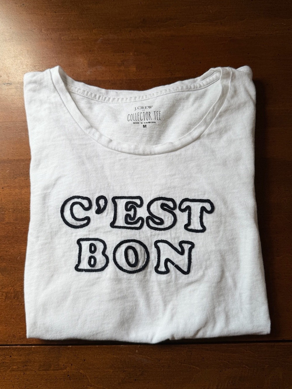 J. Crew White Collector Tee Embroidered in French “C’est Bon” in Black Size M